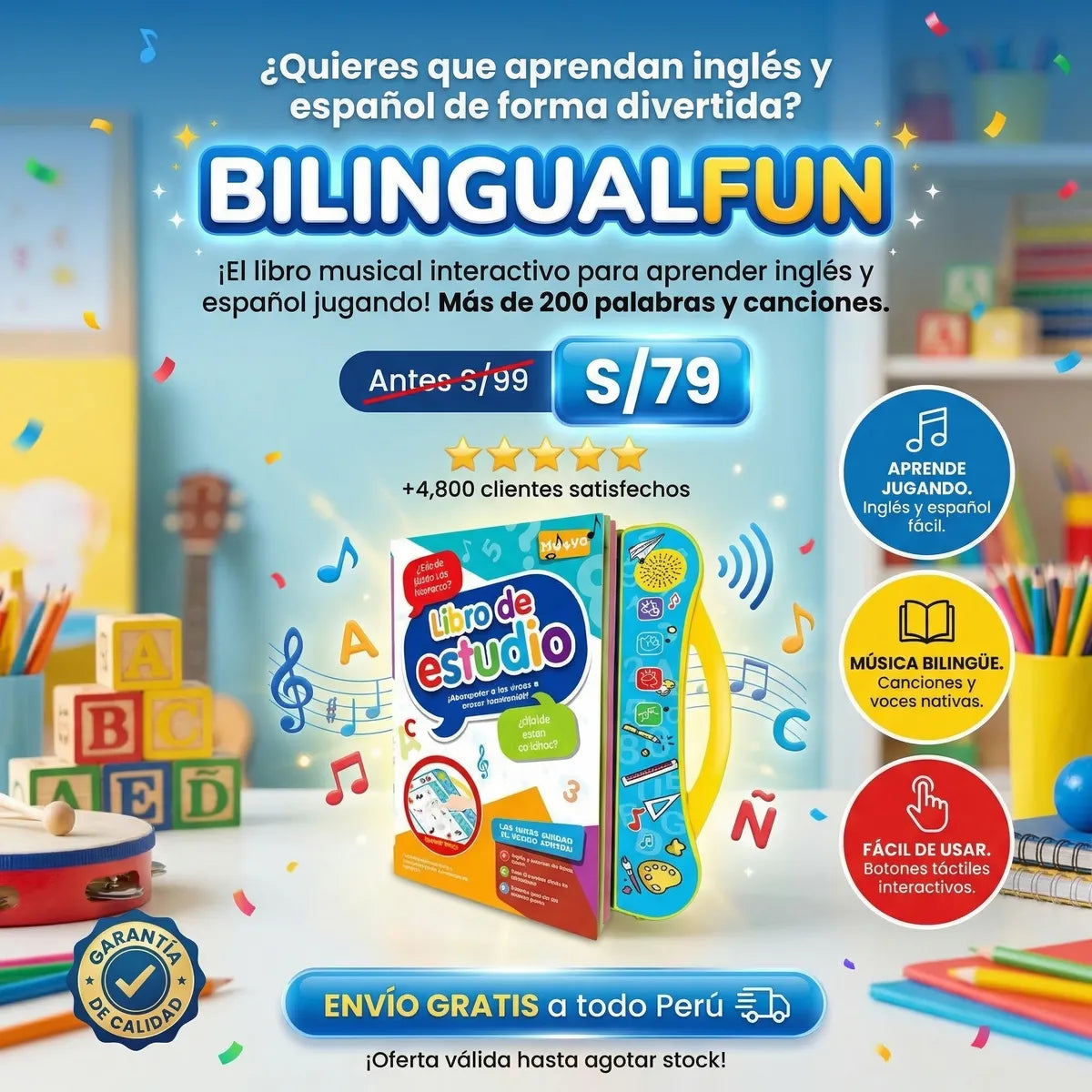 BilingualFun™ - Libro Didáctico Interactivo para Niños con Sonido Musical